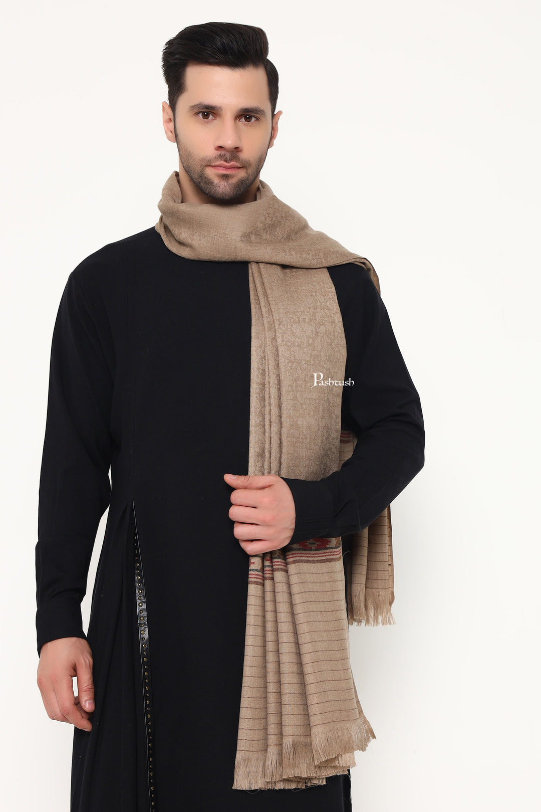 Pashtush India Mens Scarves Stoles and Mufflers Pashtush Mens Fine Wool Stole, Kullu Design, Taupe