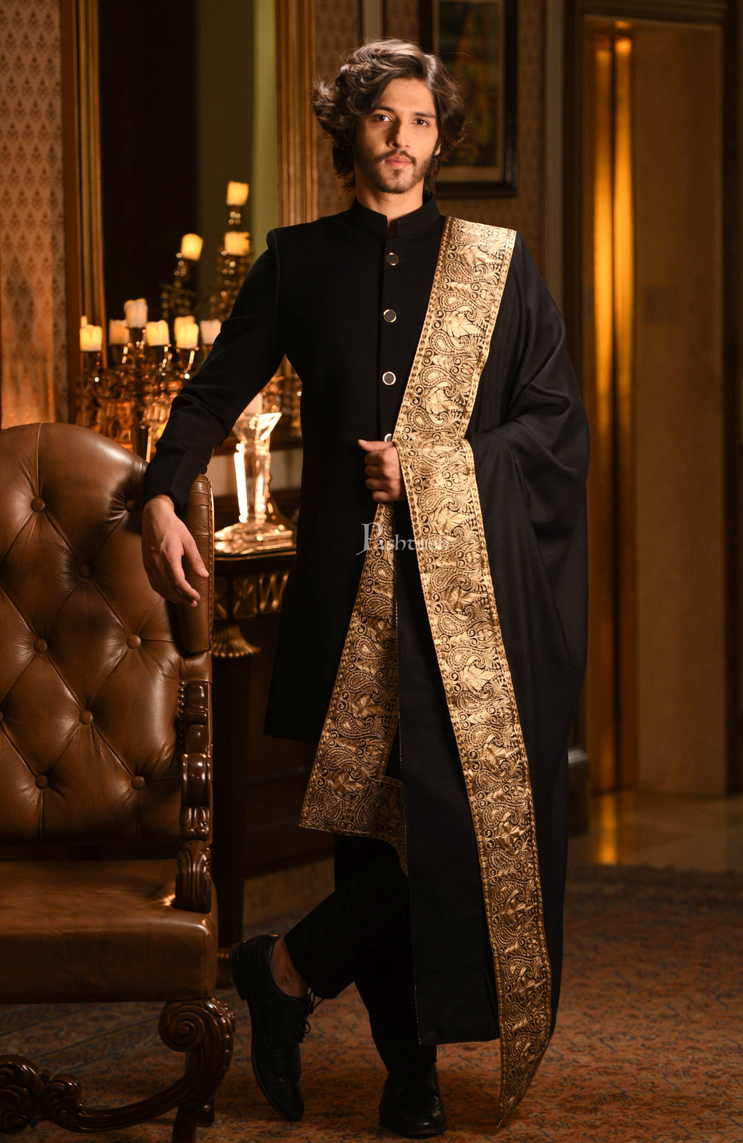 Pashtush India Mens Scarves Stoles and Mufflers Pashtush mens Fine Wool stole, Metallic Tilla golden border weave design, Black