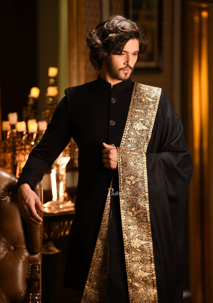 Pashtush India Mens Scarves Stoles and Mufflers Pashtush mens Fine Wool stole, Metallic Tilla golden border weave design, Black