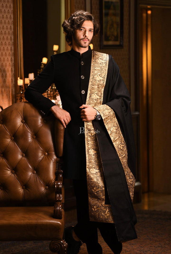 Pashtush India Mens Scarves Stoles and Mufflers Pashtush mens Fine Wool stole, Metallic Tilla golden border weave design, Black