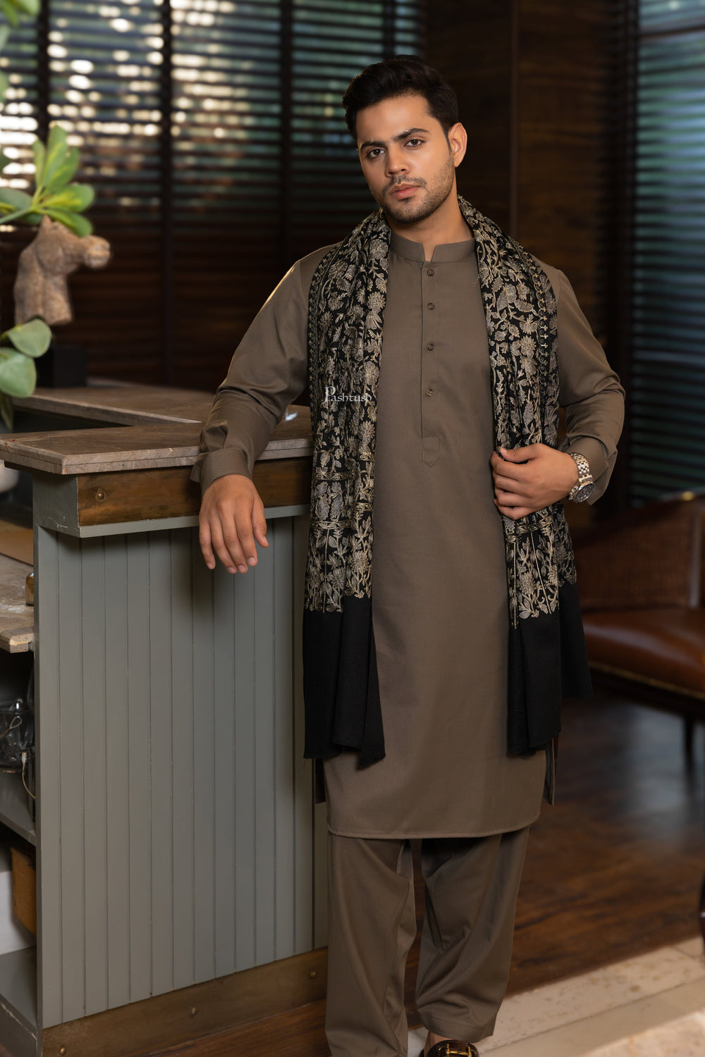 Pashtush India Mens Scarves Stoles and Mufflers Pashtush Mens Fine Wool Stole, Nalki Embroidery Design, Black