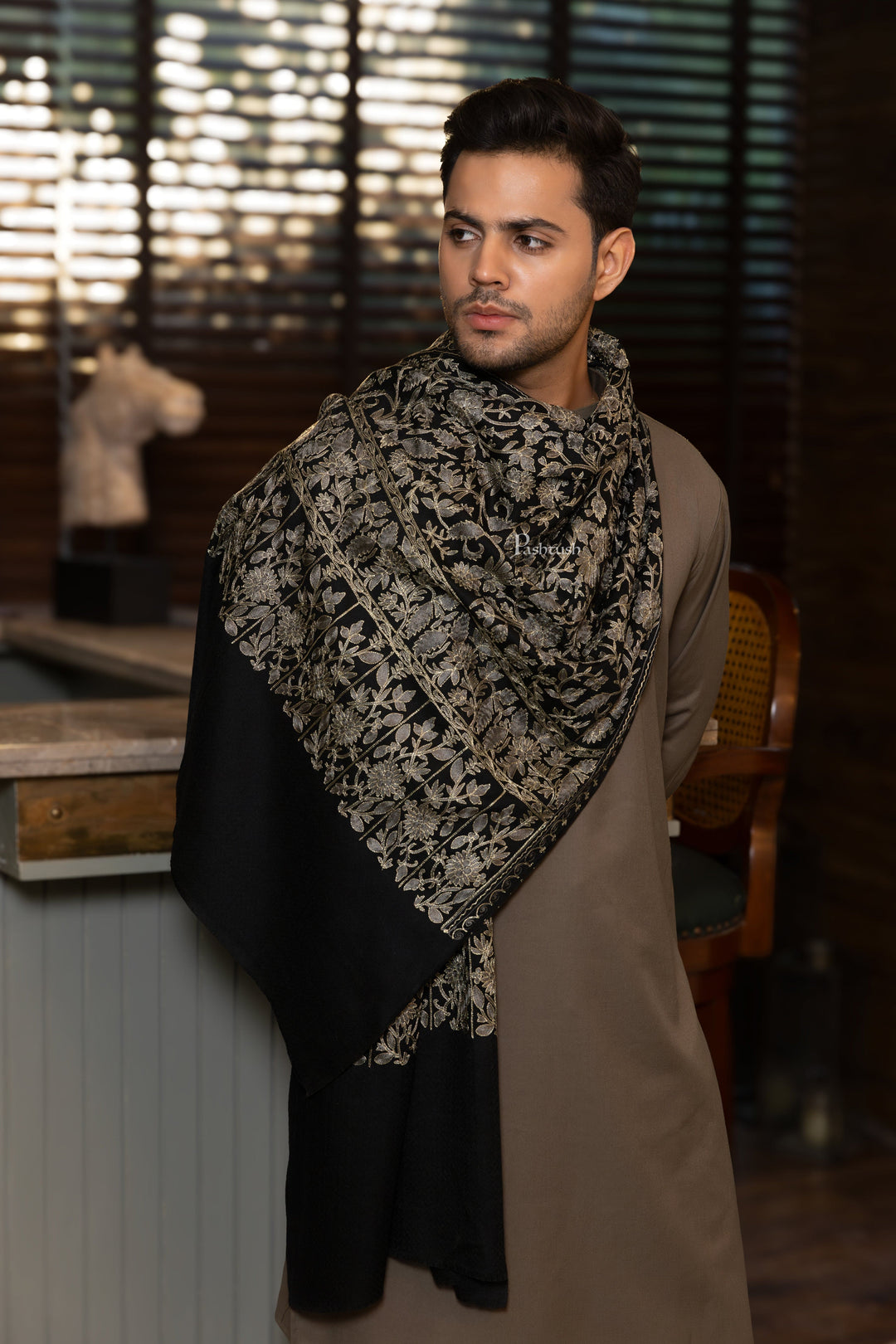 Pashtush India Mens Scarves Stoles and Mufflers Pashtush Mens Fine Wool Stole, Nalki Embroidery Design, Black