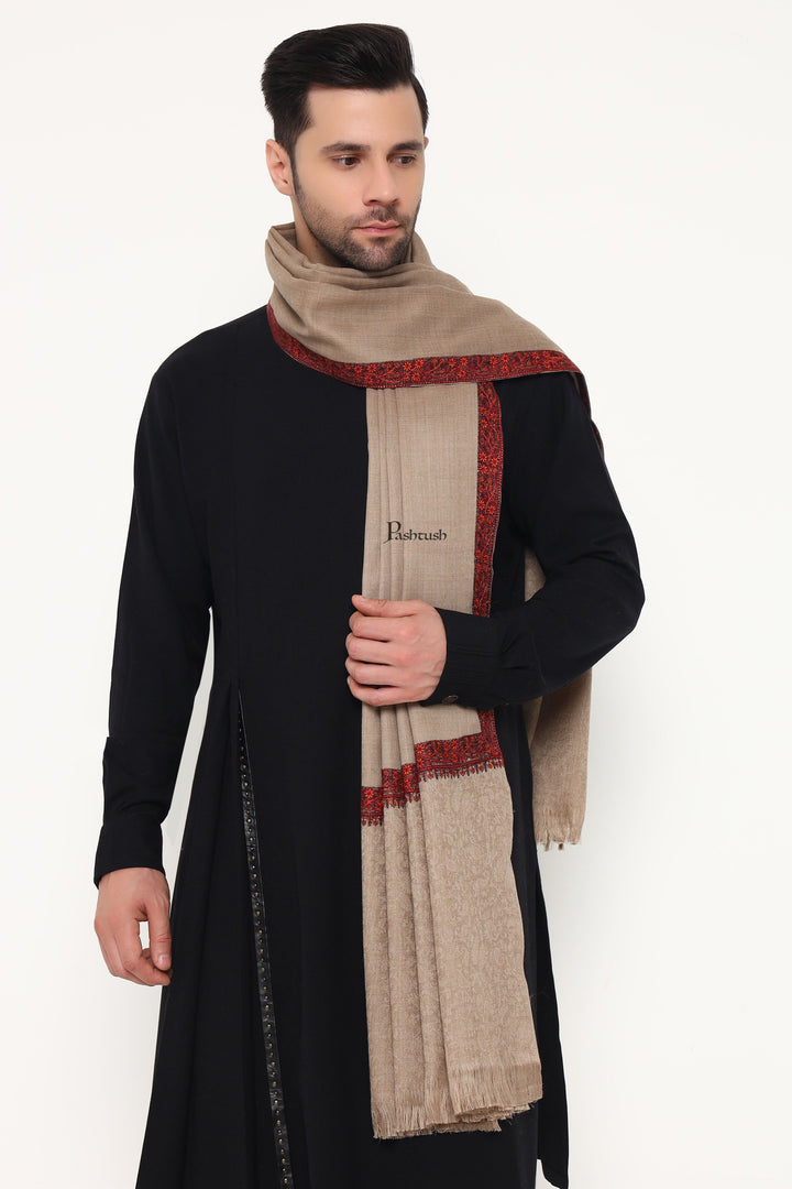 Pashtush India Mens Scarves Stoles and Mufflers Pashtush Mens Fine Wool Stole, Self Palla Neem Daur Design, Taupe