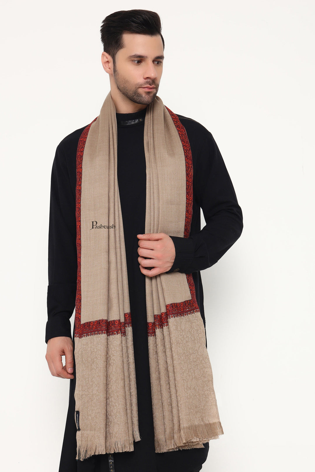 Pashtush India Mens Scarves Stoles and Mufflers Pashtush Mens Fine Wool Stole, Self Palla Neem Daur Design, Taupe