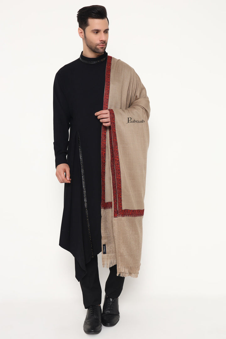Pashtush India Mens Scarves Stoles and Mufflers Pashtush Mens Fine Wool Stole, Self Palla Neem Daur Design, Taupe