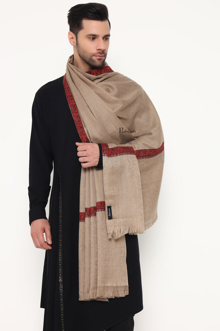 Pashtush India Mens Scarves Stoles and Mufflers Pashtush Mens Fine Wool Stole, Self Palla Neem Daur Design, Taupe