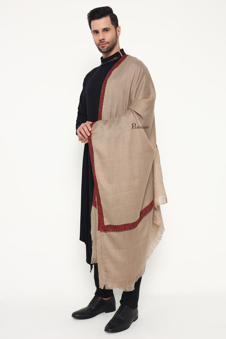 Pashtush India Mens Scarves Stoles and Mufflers Pashtush Mens Fine Wool Stole, Self Palla Neem Daur Design, Taupe