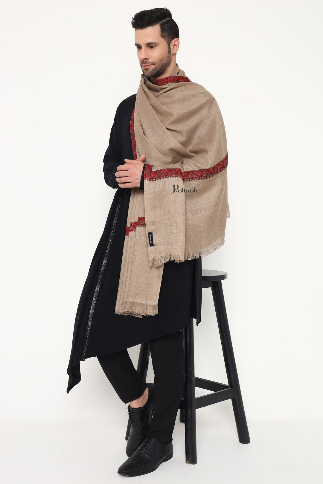 Pashtush India Mens Scarves Stoles and Mufflers Pashtush Mens Fine Wool Stole, Self Palla Neem Daur Design, Taupe