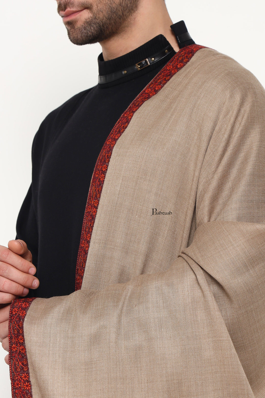 Pashtush India Mens Scarves Stoles and Mufflers Pashtush Mens Fine Wool Stole, Self Palla Neem Daur Design, Taupe