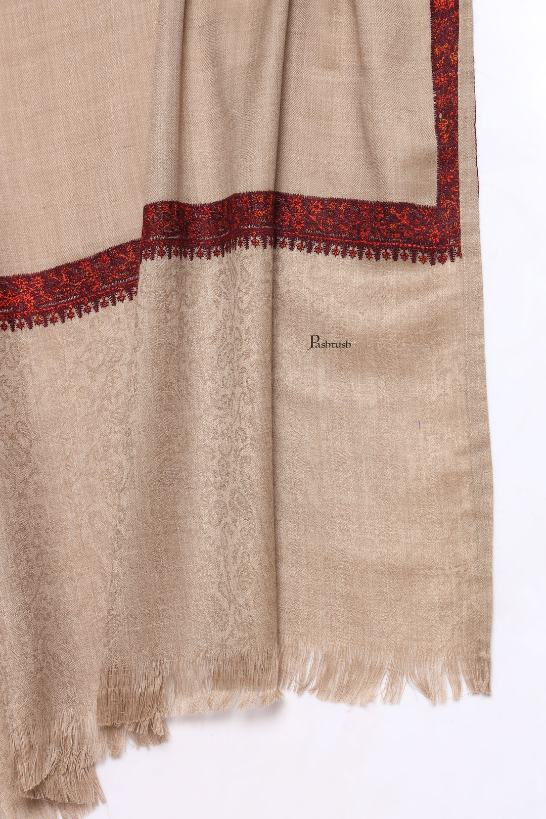 Pashtush India Mens Scarves Stoles and Mufflers Pashtush Mens Fine Wool Stole, Self Palla Neem Daur Design, Taupe