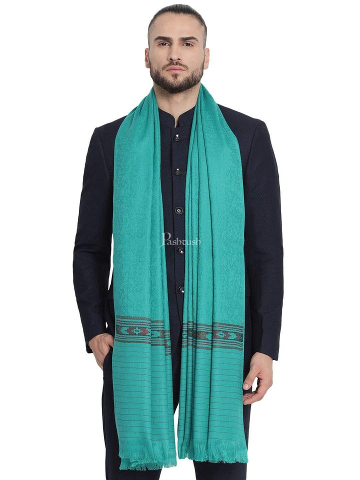 Pashtush India 100x200 Pashtush Mens Fine Wool Stole, Soft and Warm, Aztec Design, Jacquard Weave - Bottle Green