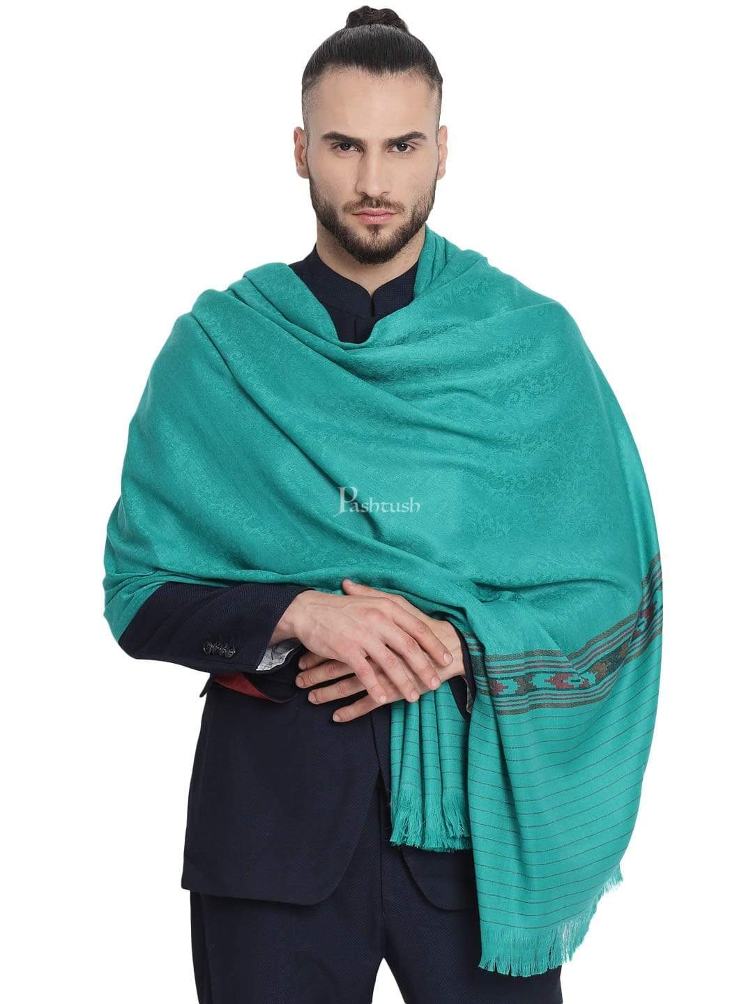 Pashtush India 100x200 Pashtush Mens Fine Wool Stole, Soft and Warm, Aztec Design, Jacquard Weave - Bottle Green