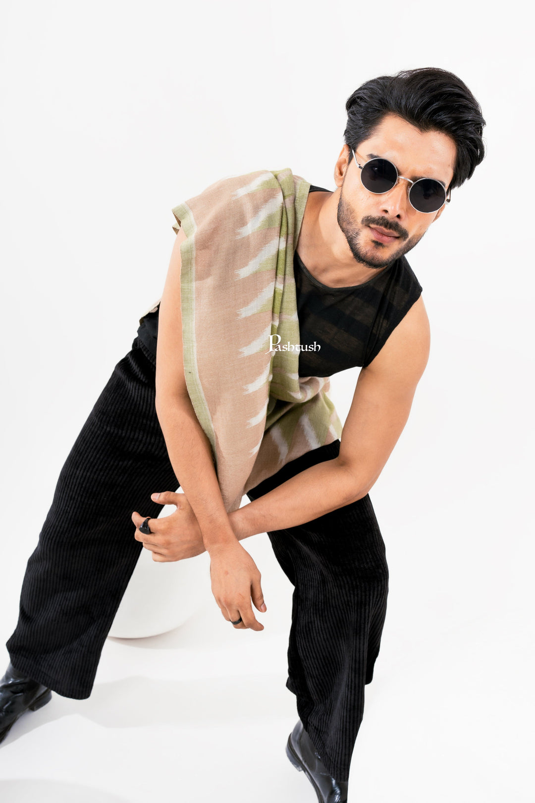 Pashtush India Mens Scarves Stoles and Mufflers Pashtush Mens Fine Wool Stole, Woven Aztec Weave Design, Emerald Green, Soft Cashmere Feel