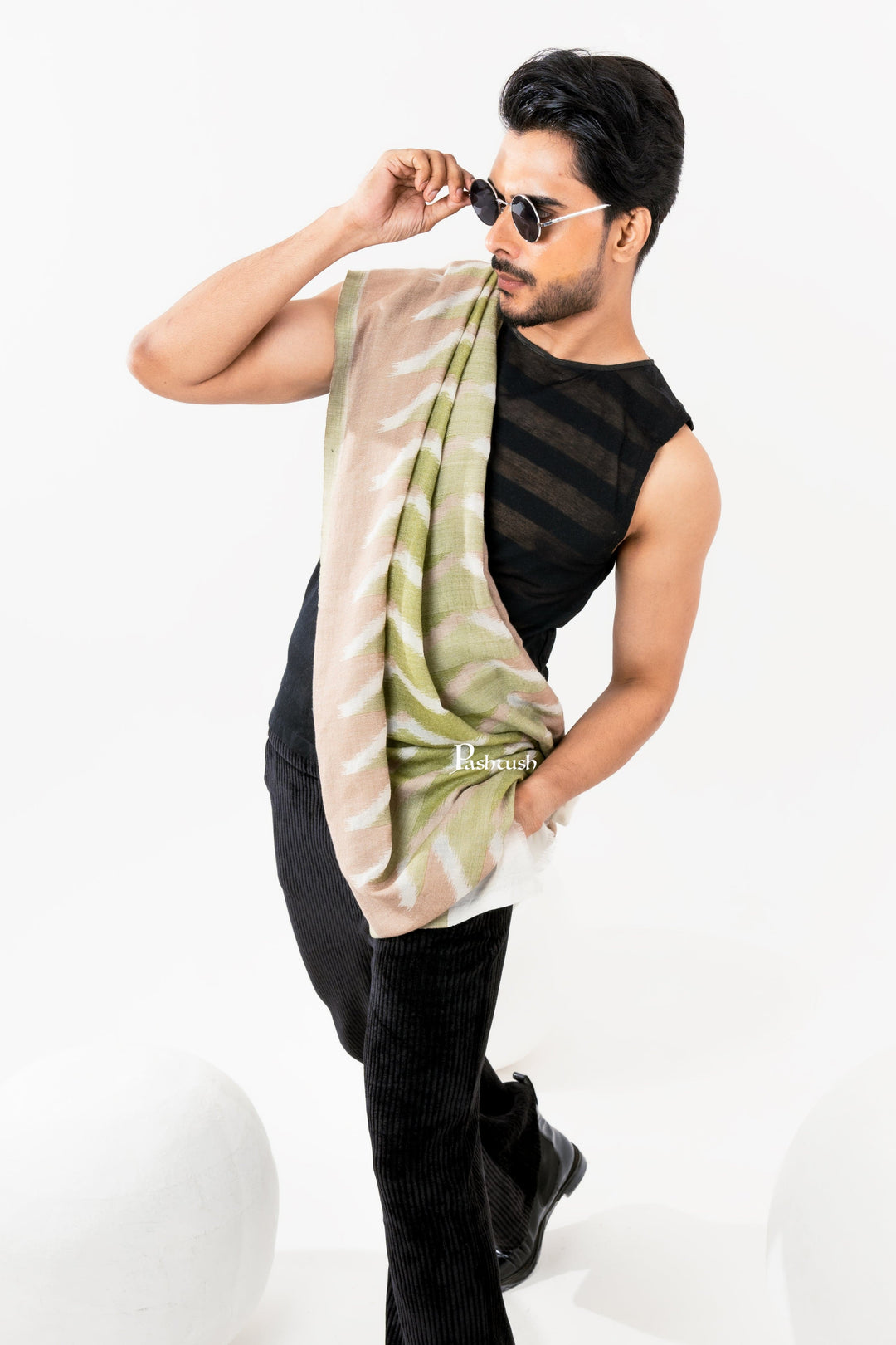 Pashtush India Mens Scarves Stoles and Mufflers Pashtush Mens Fine Wool Stole, Woven Aztec Weave Design, Emerald Green, Soft Cashmere Feel