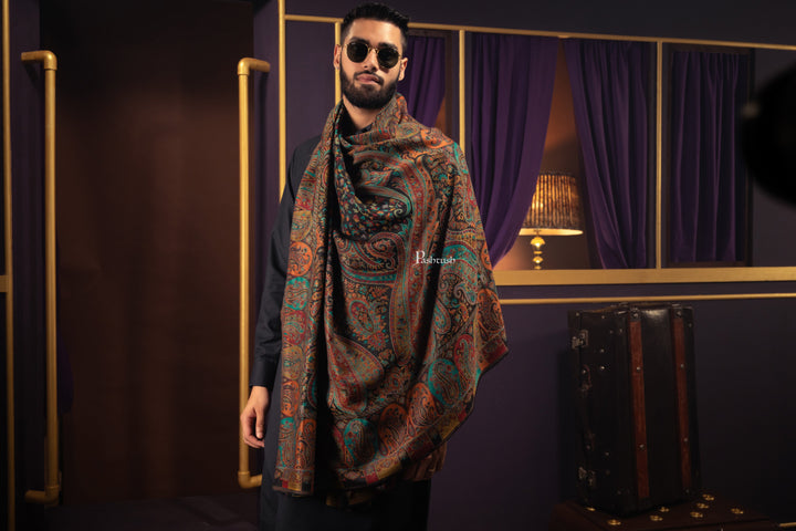 Pashtush India Mens Scarves Stoles and Mufflers Pashtush Mens Fine Wool Stole, Woven Design, Rich Paisleys, Black