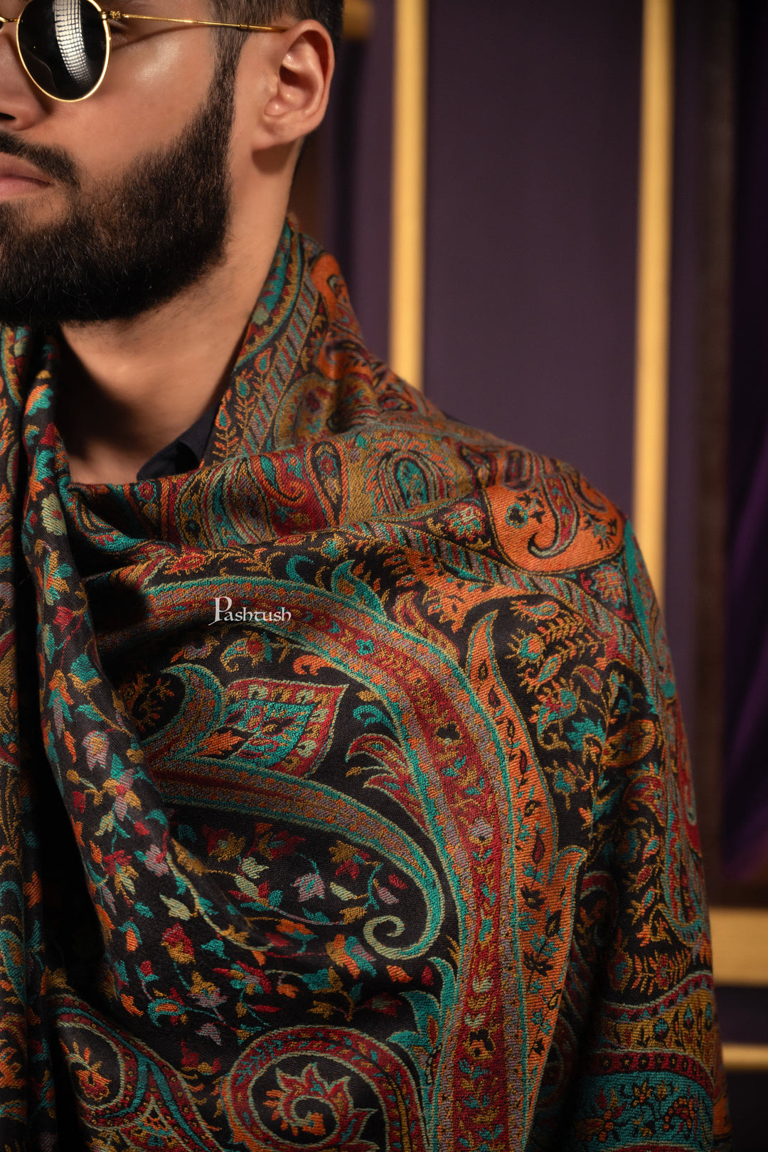 Pashtush India Mens Scarves Stoles and Mufflers Pashtush Mens Fine Wool Stole, Woven Design, Rich Paisleys, Black