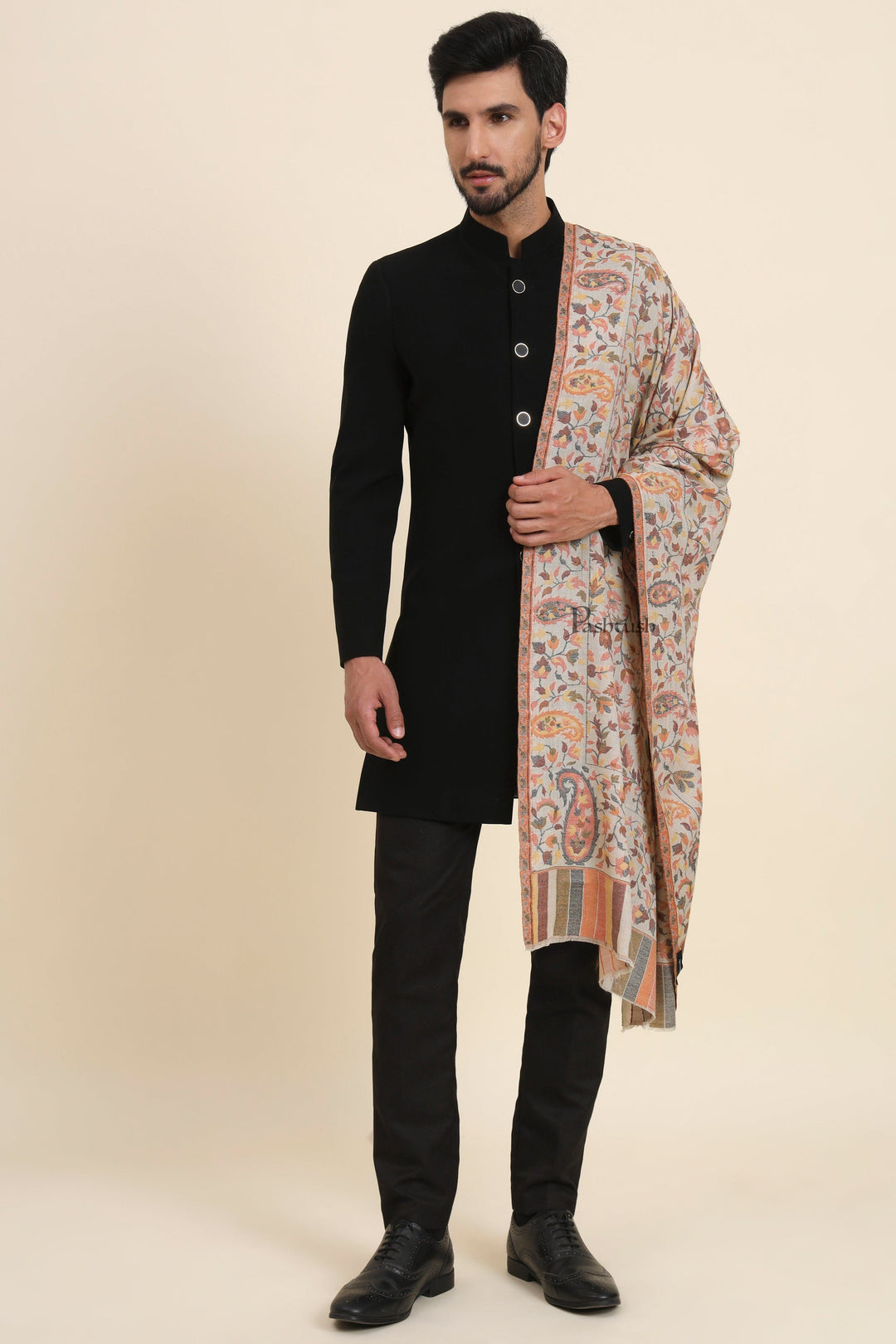 Pashtush India Mens Scarves Stoles and Mufflers Pashtush Mens Fine Wool Stole, Woven Ethnic Design, Beige