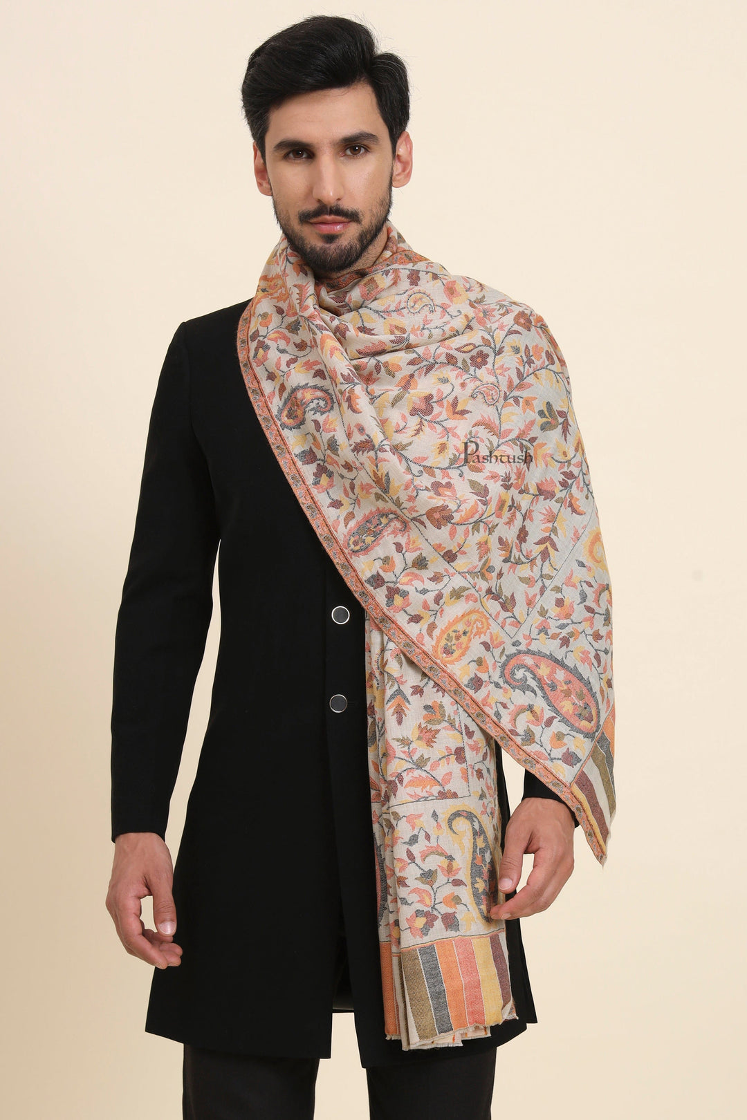 Pashtush India Mens Scarves Stoles and Mufflers Pashtush Mens Fine Wool Stole, Woven Ethnic Design, Beige
