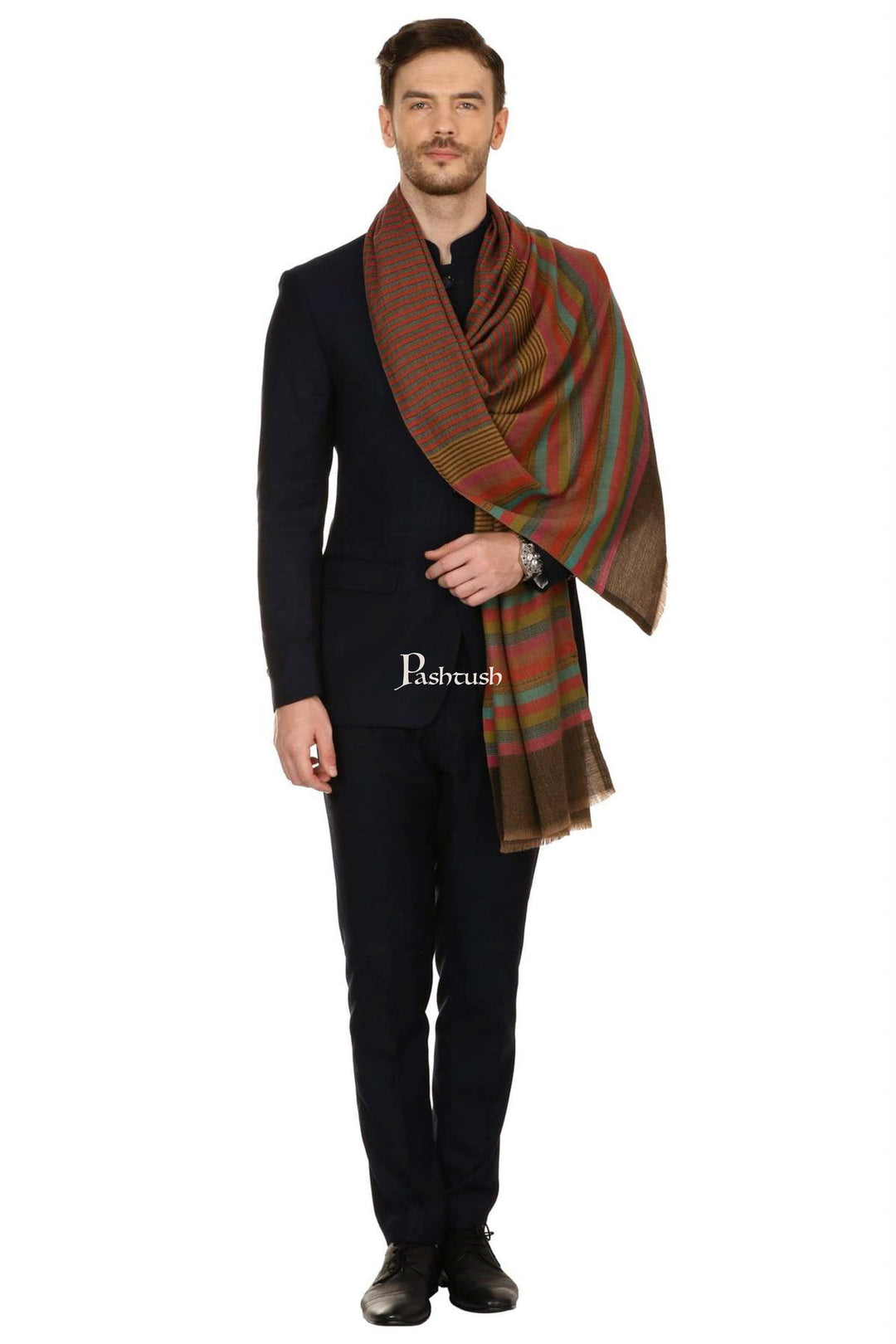 Pashtush India Mens Scarves Stoles and Mufflers Pashtush Mens Fine Wool Striped Muffler, Soft And Warm Stole Scarf