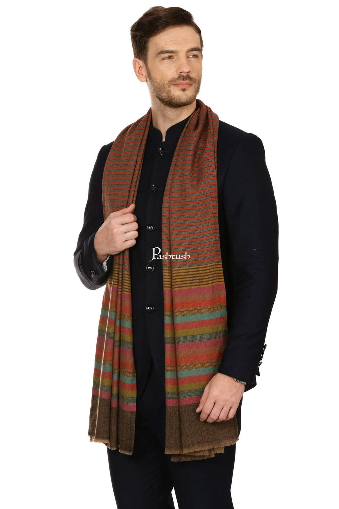 Pashtush India Mens Scarves Stoles and Mufflers Pashtush Mens Fine Wool Striped Muffler, Soft And Warm Stole Scarf