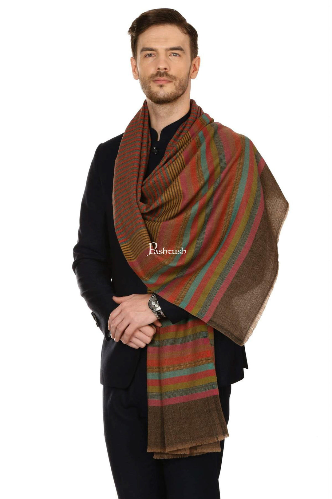 Pashtush India Mens Scarves Stoles and Mufflers Pashtush Mens Fine Wool Striped Muffler, Soft And Warm Stole Scarf
