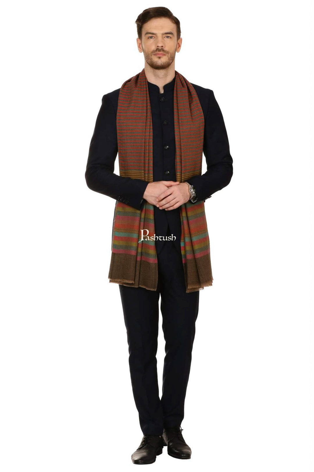 Pashtush India Mens Scarves Stoles and Mufflers Pashtush Mens Fine Wool Striped Muffler, Soft And Warm Stole Scarf