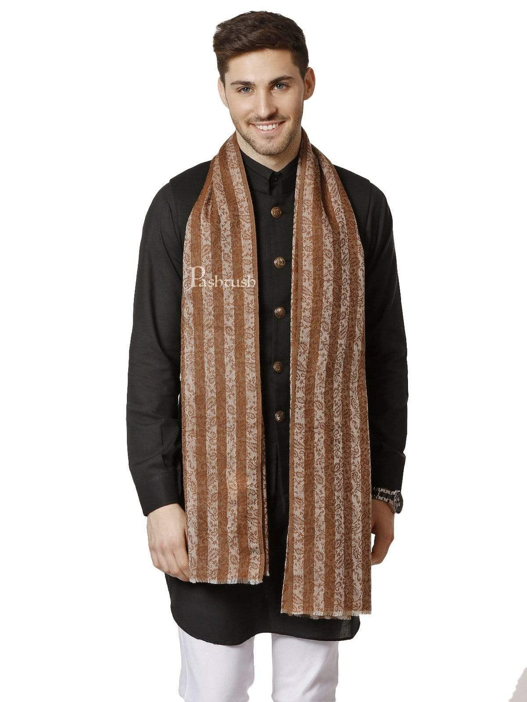 Pashtush India 70x200 Pashtush Mens Fine Wool Striped Stole, Espresso