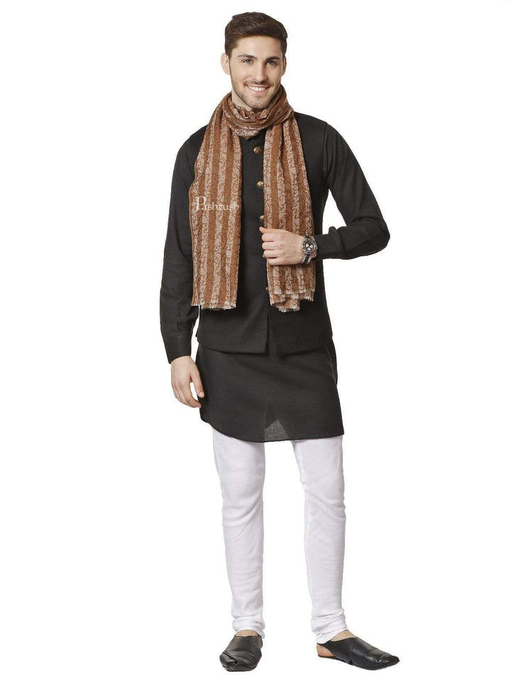 Pashtush India 70x200 Pashtush Mens Fine Wool Striped Stole, Espresso