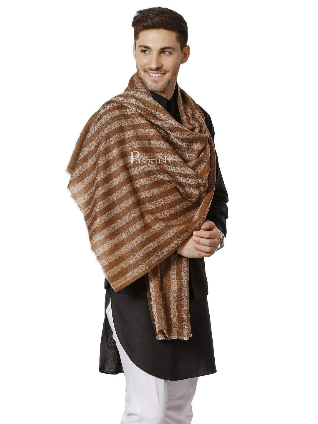 Pashtush India 70x200 Pashtush Mens Fine Wool Striped Stole, Espresso