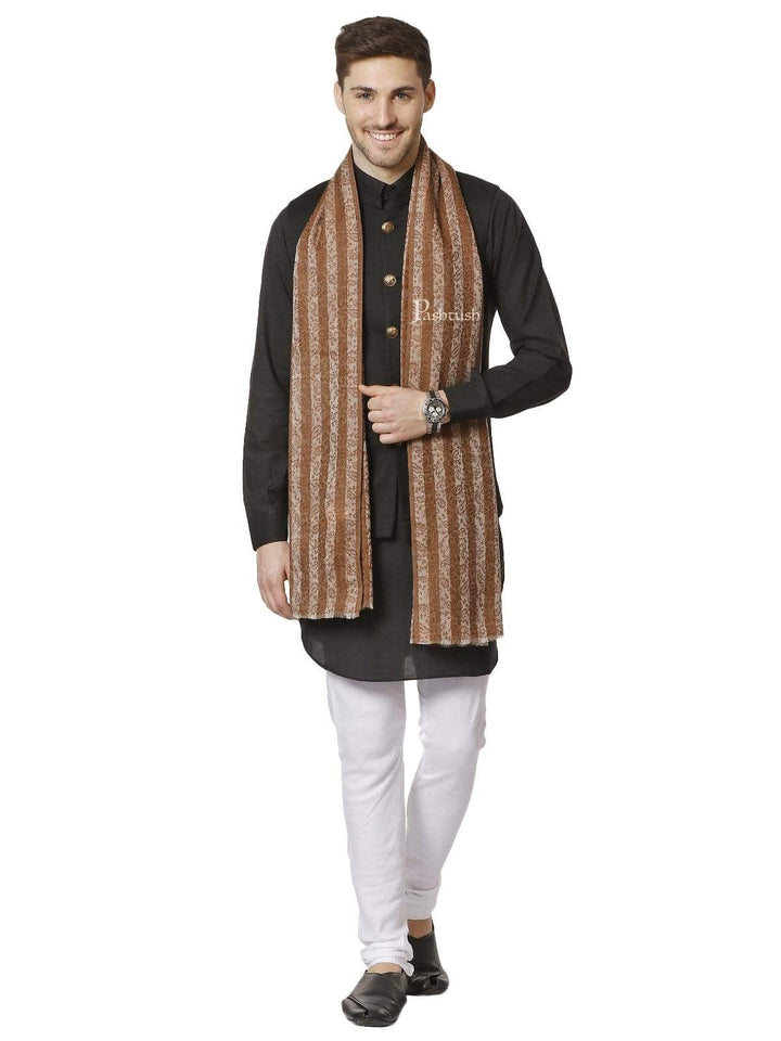 Pashtush India 70x200 Pashtush Mens Fine Wool Striped Stole, Espresso