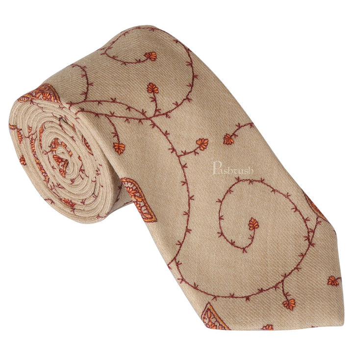 Pashtush India Mens Neckties Ties for Men Pashtush mens Fine Wool tie, Embroidered design, Beige
