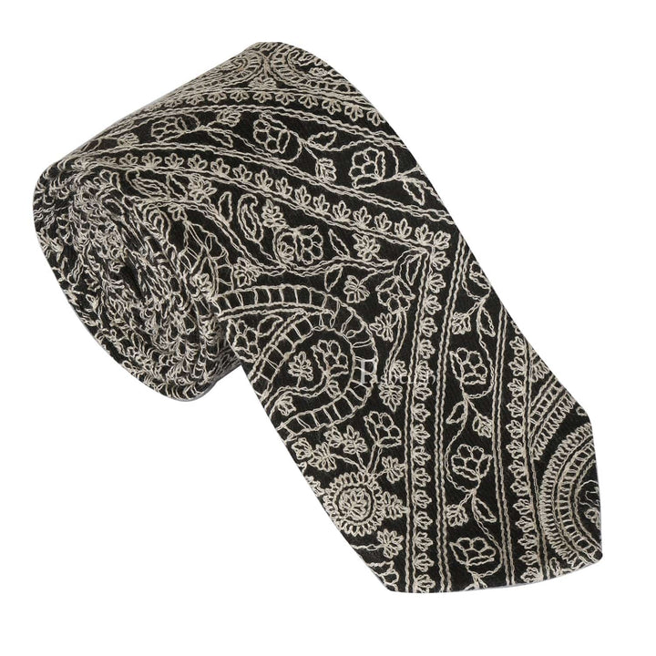 Pashtush India Mens Neckties Ties for Men Pashtush mens Fine Wool tie, Embroidered design, Black