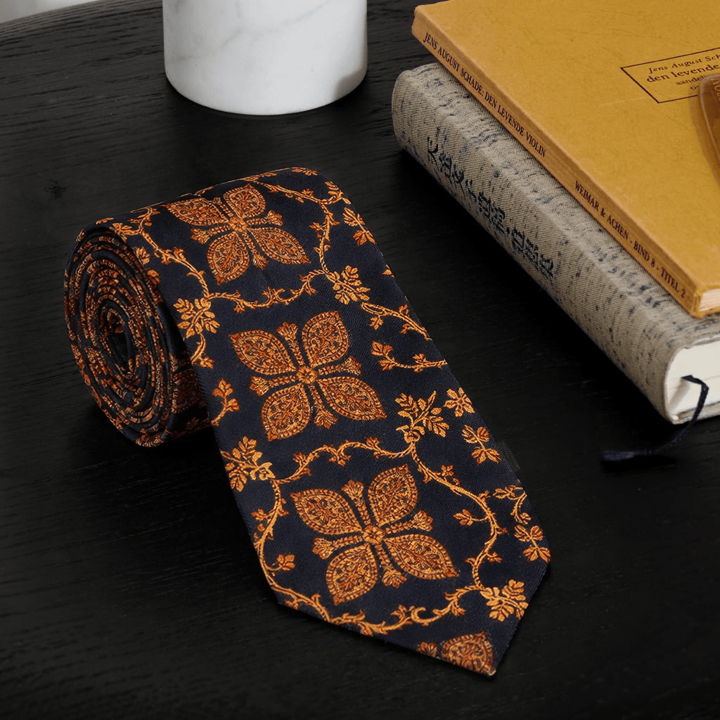 Pashtush India Mens Neckties Ties for Men Pashtush mens Fine Wool tie, Embroidered design, Navy Blue