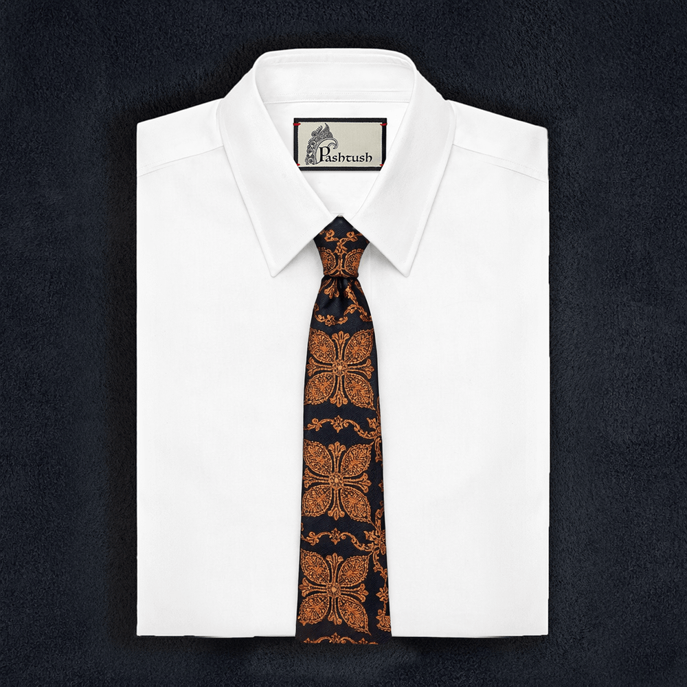 Pashtush India Mens Neckties Ties for Men Pashtush mens Fine Wool tie, Embroidered design, Navy Blue