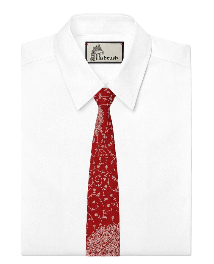 Pashtush India Mens Neckties Ties for Men Pashtush mens Fine Wool tie, Embroidered design, Red