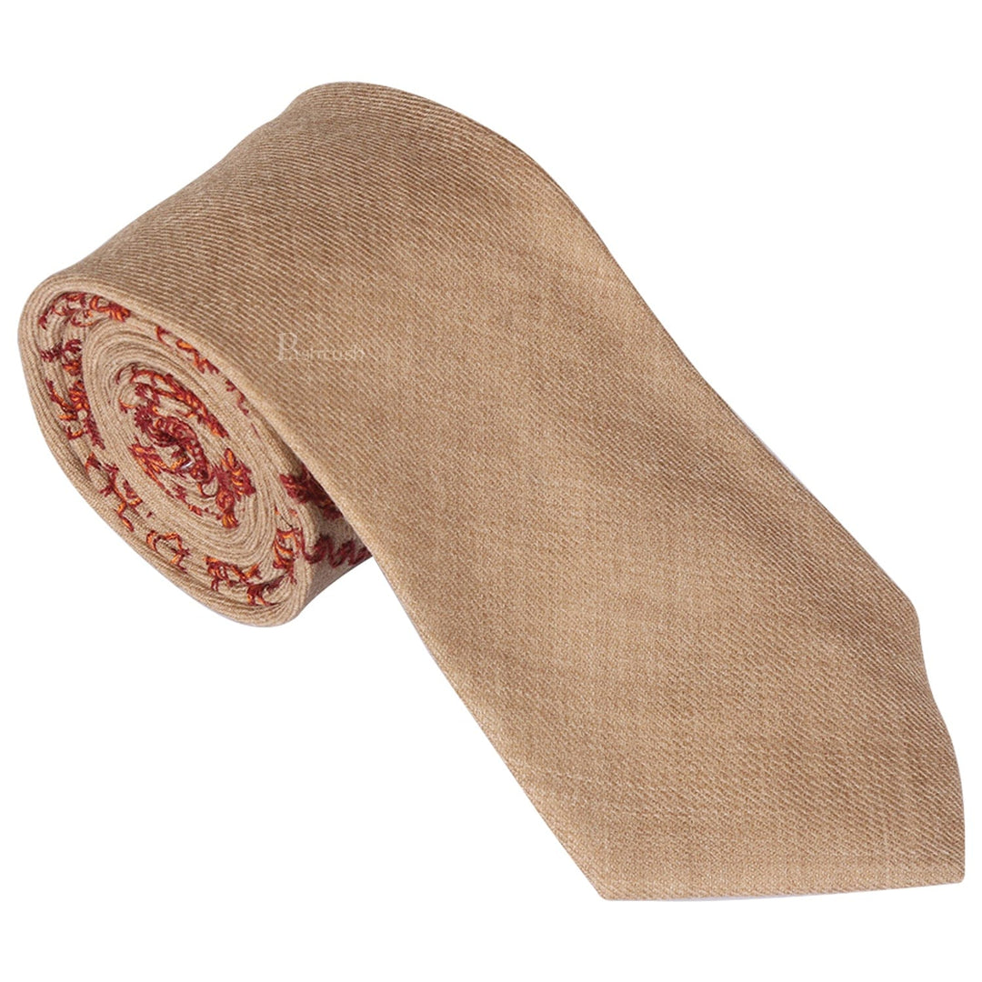 Pashtush India Mens Neckties Ties for Men Pashtush mens Fine Wool tie, Embroidered design, Taupe