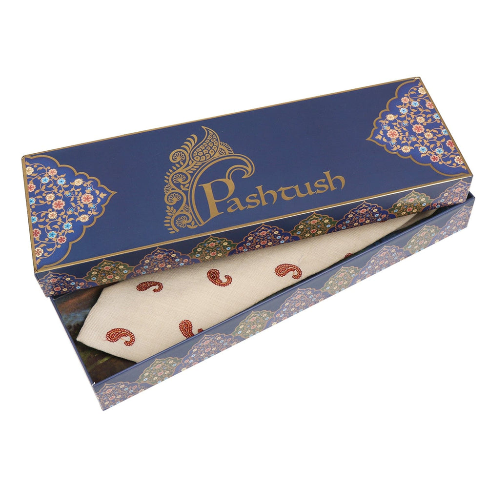 Pashtush India Mens Neckties Ties for Men Pashtush mens Fine Wool tie, Embroidered Paisley design, Beige