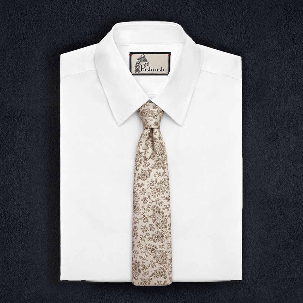 Pashtush India Mens Neckties Ties for Men Pashtush mens Fine Wool tie, Needlework Embroidery design, Beige