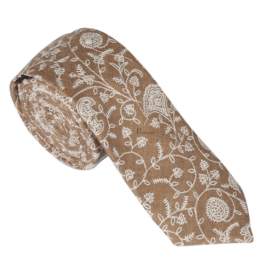 Pashtush India Mens Neckties Ties for Men Pashtush mens Fine Wool tie, Tone on Tone Embroidered design, Taupe