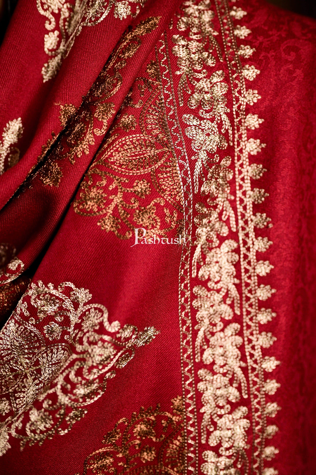Pashtush India 70x200 Pashtush Mens Fine Woollen, Silky Thread Nalki Embroidery Stole, red