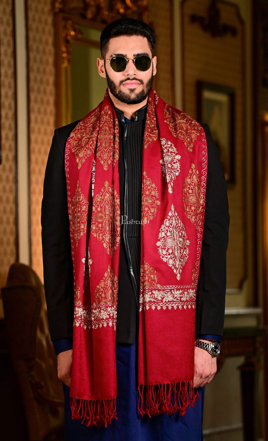 Pashtush India 70x200 Pashtush Mens Fine Woollen, Silky Thread Nalki Embroidery Stole, Red