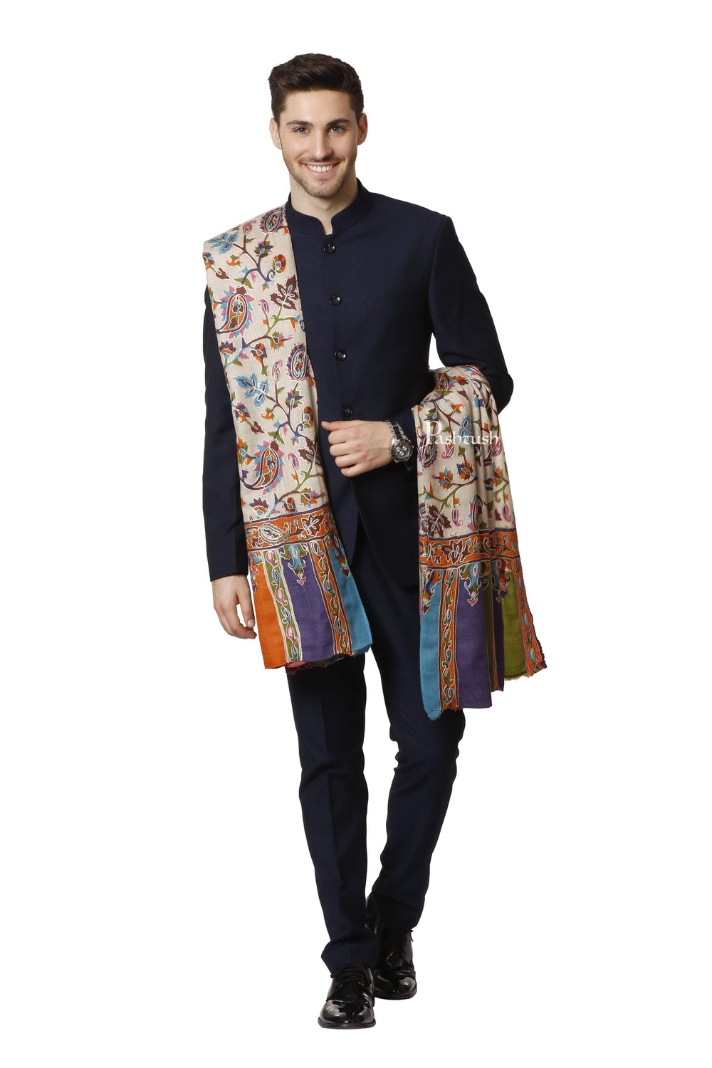 Pashtush India 114x228 Pashtush Mens Hand Embroidered Kalamkari Shawl, Fine Wool