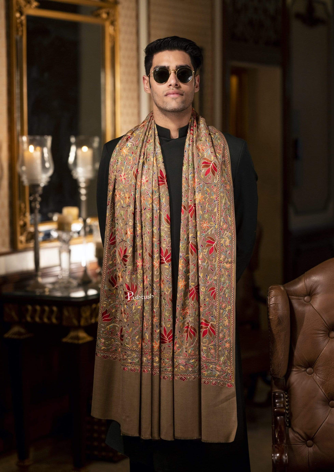 Pashtush India 100x200 Pashtush Mens hand embroidered Nalki Shawl, Fine Wool