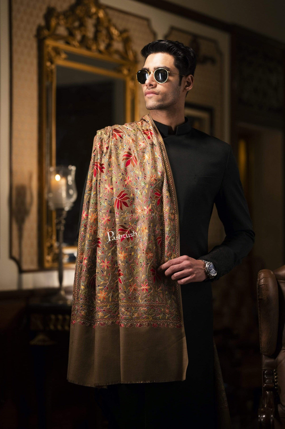 Pashtush India 100x200 Pashtush Mens hand embroidered Nalki Shawl in Pure Wool, Woolmark Certified