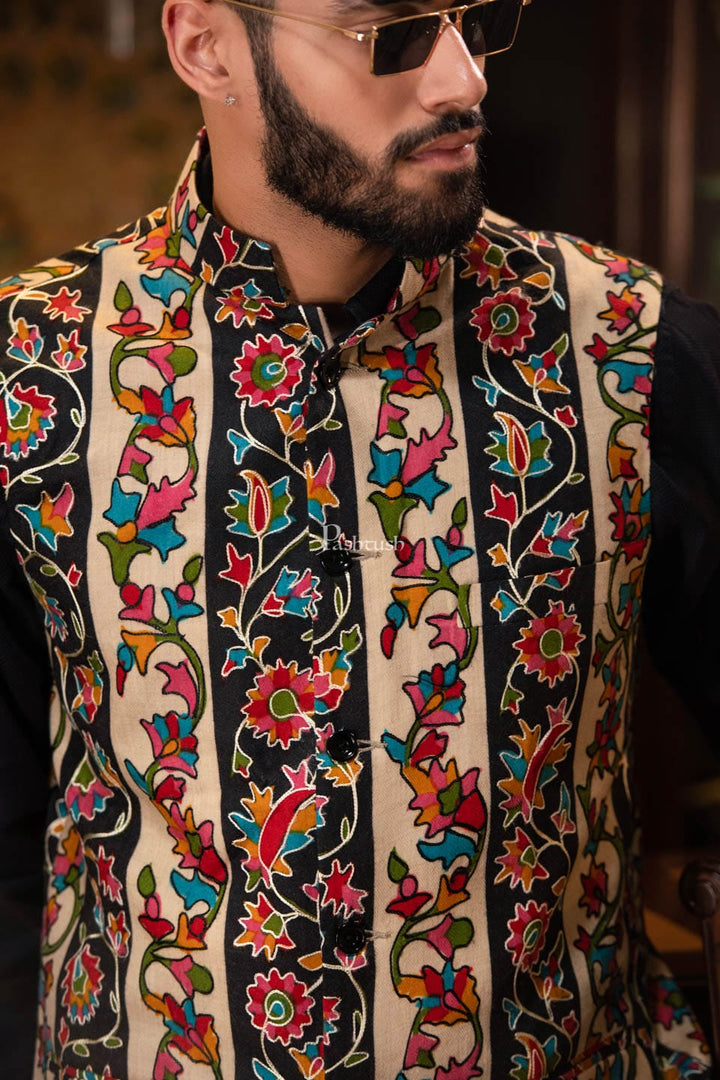 Pashtush India Coats & Jackets Pashtush Mens Hand Embroidered Sleeveless Jacket, Kalamkari Waistcoat, Multicolour
