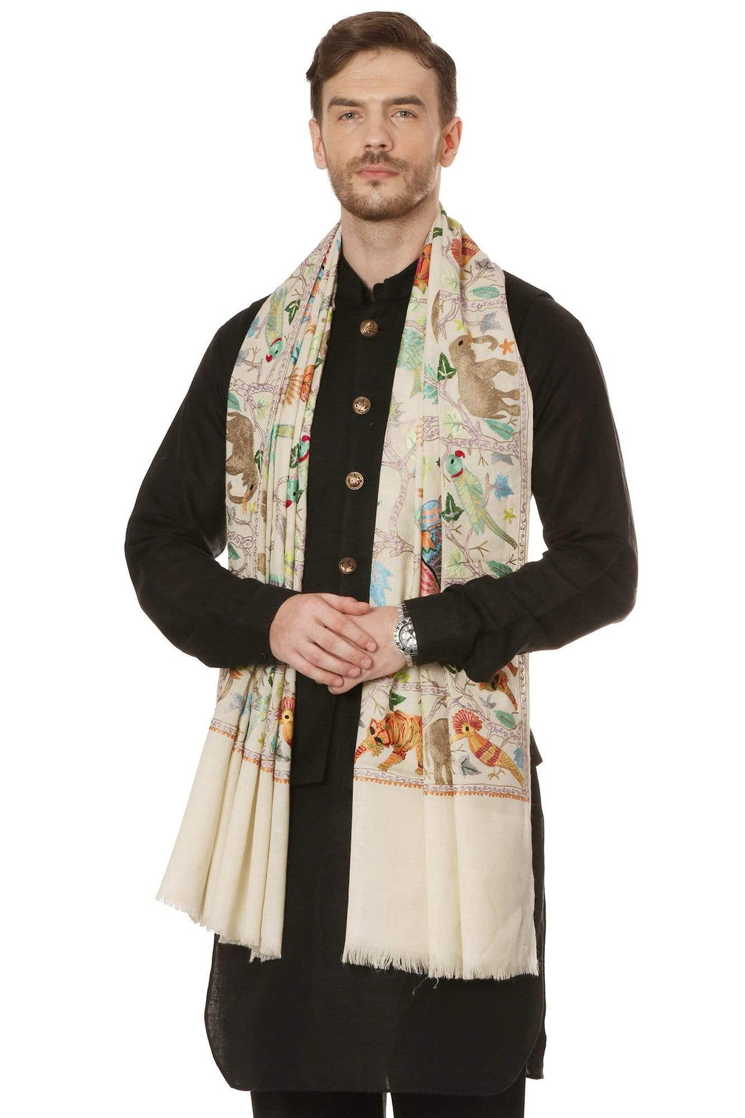 Pashtush Mens Hand Embroidered Stole, 100% Pure Wool