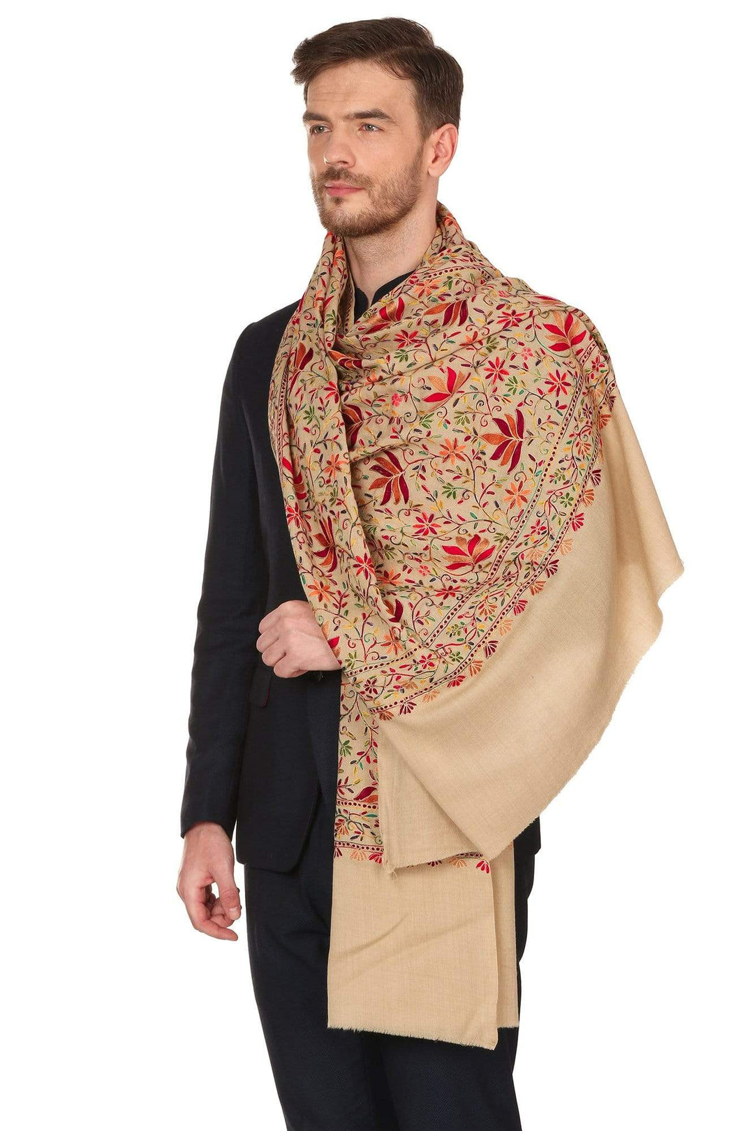 Pashtush Mens Hand Embroidered Stole, Ethnic Wrap, 100% Pure Wool