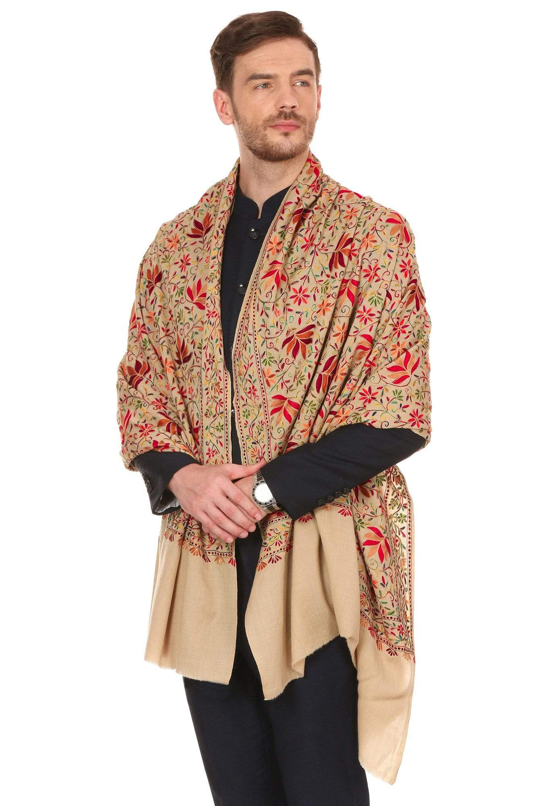 Pashtush Mens Hand Embroidered Stole, Ethnic Wrap, 100% Pure Wool