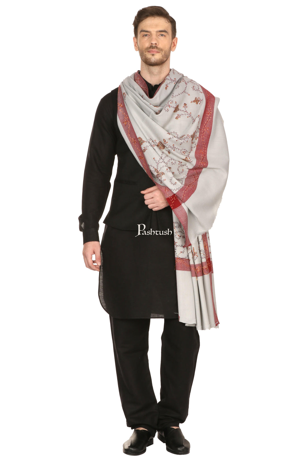 Pashtush India Mens Shawls Gents Shawl Pashtush Mens Hand Embroidery Shawl, Thick And Warm,Grey