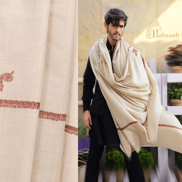 Pashtush India 127x254 Pashtush Mens Hand Embroidery Shawl, Woollen Shawl with Kashmiri Kingri Design, Full Size (Beige)